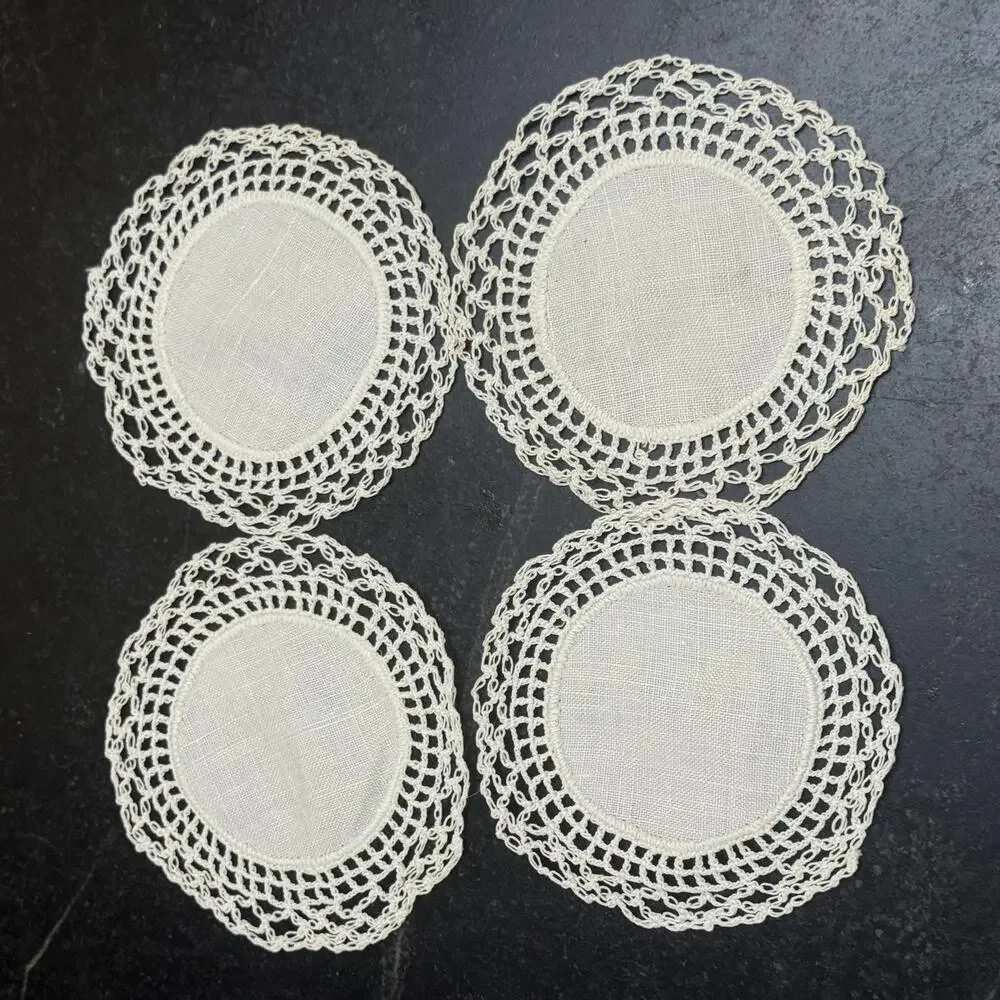 Vintage Linen Crochet Lace Doily Coasters Set of 4 White Round 3.5 inch